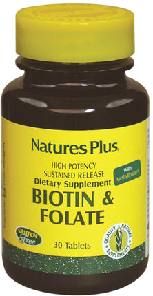 Biotin and Folic Acid (Methylfolate), 30 Vegetarian Tablets , Brand_Nature's Plus Form_Vegetarian Tablets Size_30 Tabs