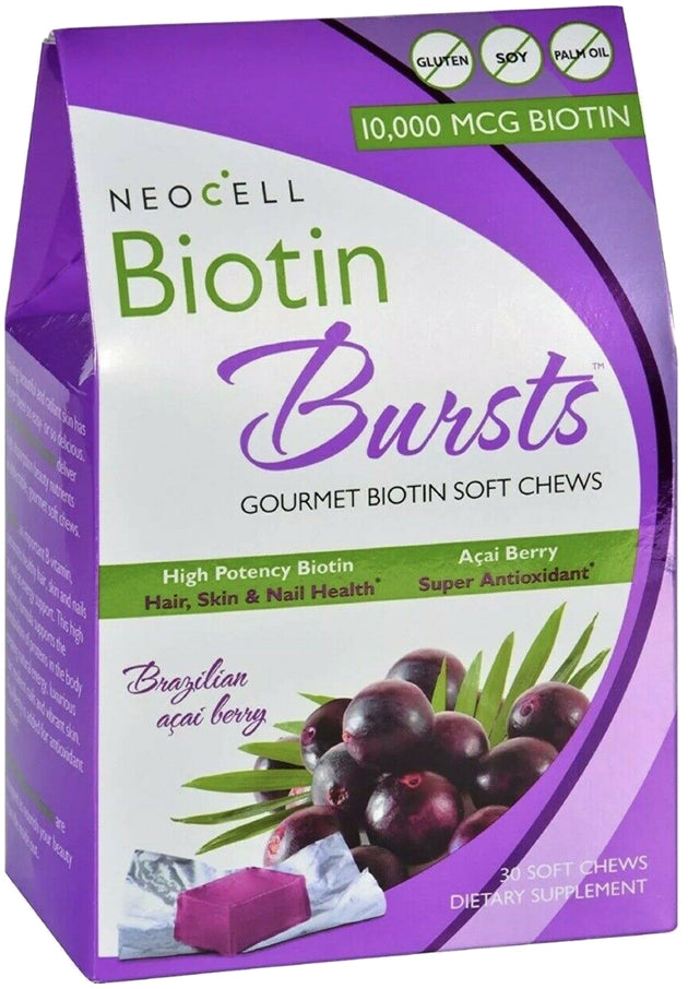 Biotin Bursts, 10000 mcg of Biotin, Acai Berry Flavor, 30 Soft Chewables , Brand_Neocell Flavor_Acai Berry Form_Soft Chewables Potency_10000 mcg Size_30 Chewables