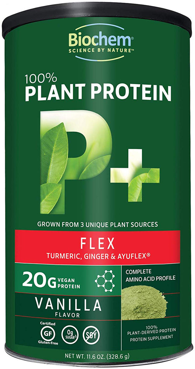 100% Plant Protein + Flex with Turmeric Ginger and Ayuflex, 20 g of Vegan Protein, Vanilla Flavor, 11.6 Oz (328.6 g) Powder , Brand_Biochem Flavor_Vanilla Form_Powder Potency_20 g Size_11.6 Oz