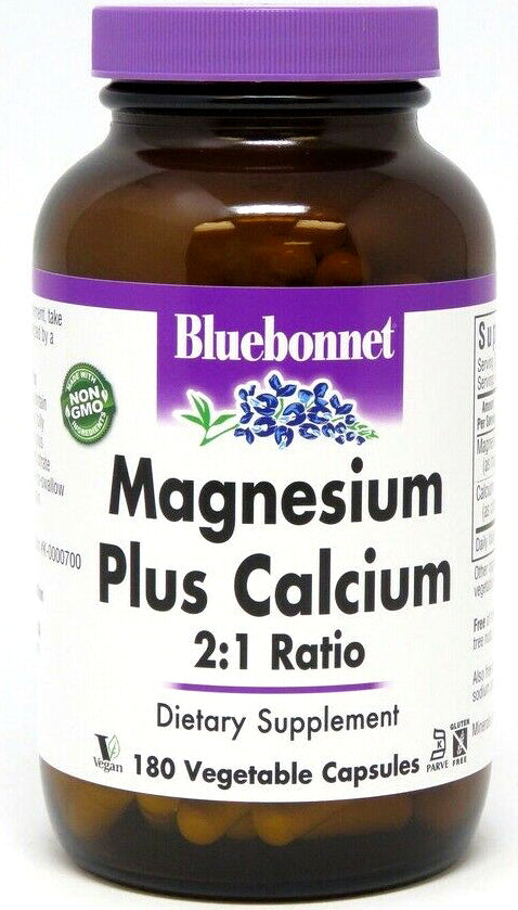 Magnesium Plus Calcium, 2:1 Ratio, 180 Vegetable Capsules , Brand_Bluebonnet Flavor_Unflavored Form_Vegetable Capsules Size_180 Caps