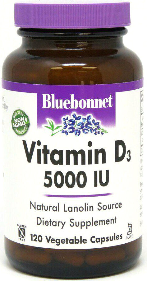 Vitamin D3, 5000 IU, 120 Vegetable Capsules , Brand_Bluebonnet Flavor_Unflavored Potency_5000 iu Size_120 Caps