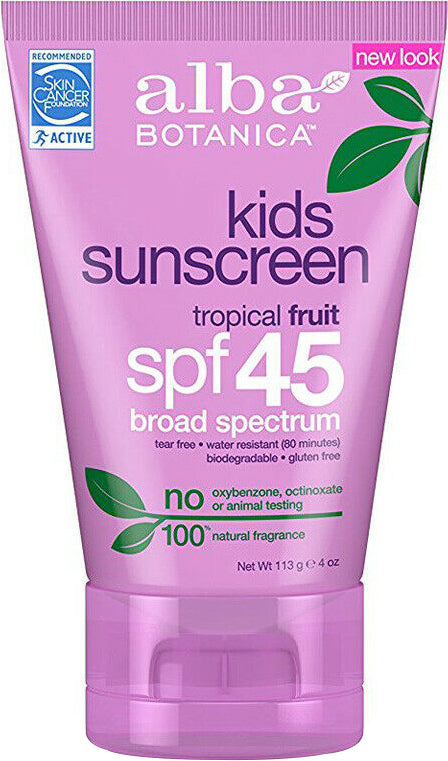 kids sunscreen, 45 spf broad spectrum, tropical fruit fragrance, 4 Oz (113 g) Sunscreen , Brand_Avalon Organics Form_Lotion Size_4 Oz