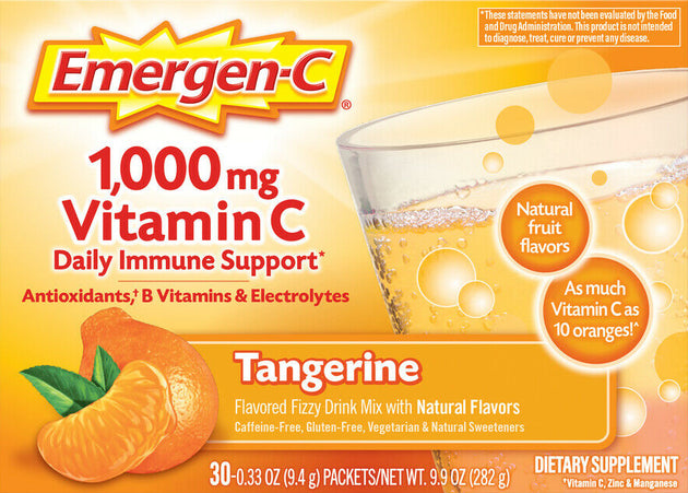 Emergen-C® 1000 mg Vitamin C, Tangerine Flavor, 30 x 0.33 Oz (9.4 g) Powder Packets , Brand_Alacer Flavor_Tangerine Potency_1000 mg Size_9 Oz