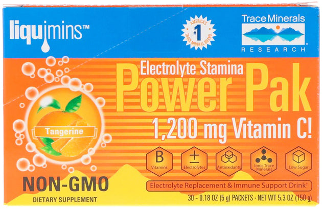 Electrolyte Stamina PowerPak, Tangerine Flavor, 30 x 0.18 Oz (5 g) Powder Packets , Brand_Trace Minerals Flavor_Tangerine Form_Powder Size_0.18 Oz
