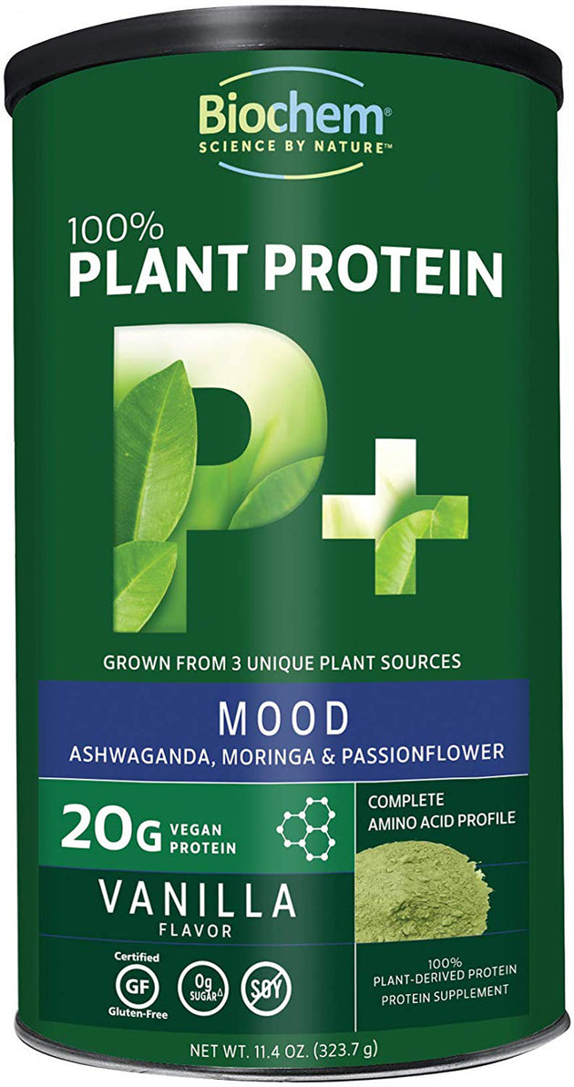 100% Plant Protein + Mood with Ashwaganda Moringa and Passionflower, 20 g of Vegan Protein, Vanilla Flavor, 11.4 Oz (323.7 g) Powder , Brand_Biochem Flavor_Vanilla Form_Powder Potency_20 g Size_11.4 Oz