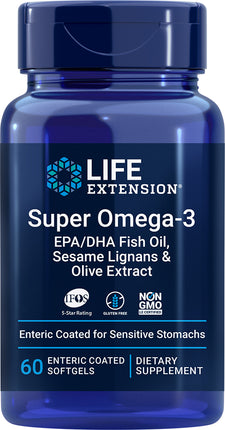 Super Omega-3 EPA/DHA Fish Oil, Sesame Lignans & Olive Extract (Enteric Coated), 60 Softgels ,