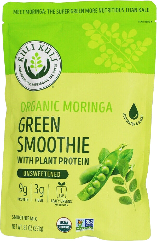 Organic Moringa Green Smoothie with Plant Protein, Unsweetened, 9 g of Protein and 3 g of Fiber, 8.1 Oz (231 g) Powder , Brand_Kuli Kuli Form_Powder Potency_9 g Size_8.1 Oz