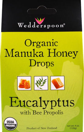 Organic Manuka Honey Drops with Bee Propolis, Eucalyptus Flavor, 4 Oz (120 g) Drops , Brand_Wedderspoon Flavor_Eucalyptus Form_Drops Size_4 Oz