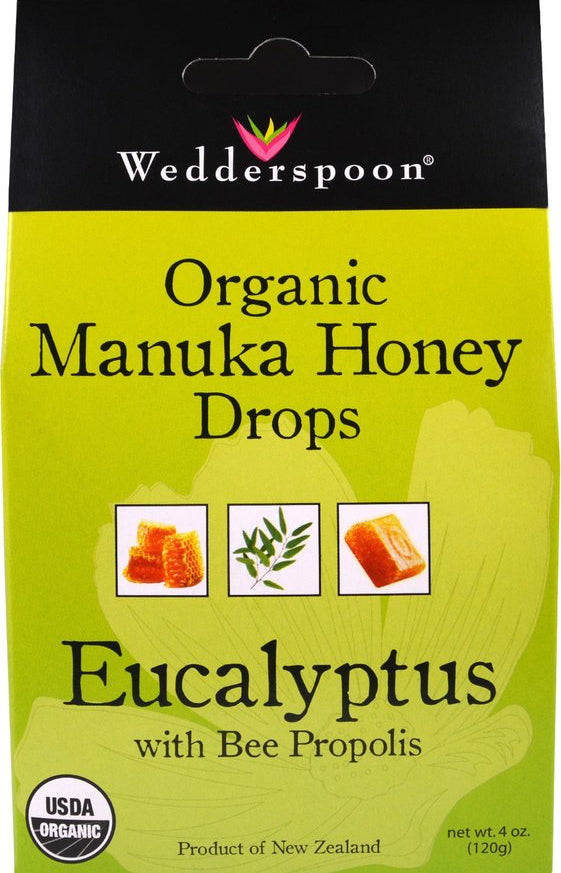 Organic Manuka Honey Drops with Bee Propolis, Eucalyptus Flavor, 4 Oz (120 g) Drops , Brand_Wedderspoon Flavor_Eucalyptus Form_Drops Size_4 Oz