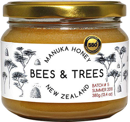 Manuka Honey from New Zealand, Certified 550+ mg of Methyglyoxal, 13.4 Oz (380 g) Honey , Brand_Bees and Trees Form_Honey Potency_550+ mg Size_13.4 Oz