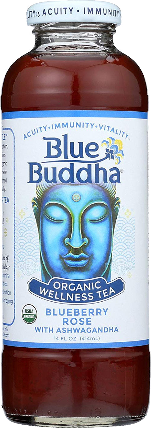 Organic Wellness Tea with Ashwagandha, Blueberry Rose Flavor, 14 Fl Oz (414 mL) Liquid , Brand_Blue Buddha Flavor_Blueberry Rose Form_Liquid Size_14 Fl Oz