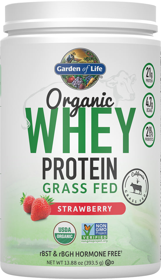 Organic Grass-Fed Whey Protein, Strawberry Flavor, 13.88 Oz (393.5 g) Powder , Brand_Garden of Life Flavor_Strawberry Form_Powder Size_13.88 Oz