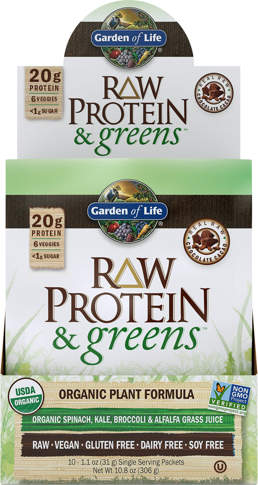 RAW Protein & greens, Chocolate Flavor, 1.1 Oz (31 g) Powder , Brand_Garden of Life Flavor_Chocolate Form_Powder Size_1.1 Oz