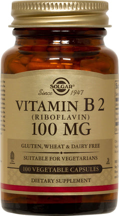 Vitamin B2 (Riboflavin) 100 mg, 100 Vegetable Capsules , Brand_Solgar Potency_100 mg Size_100 Caps
