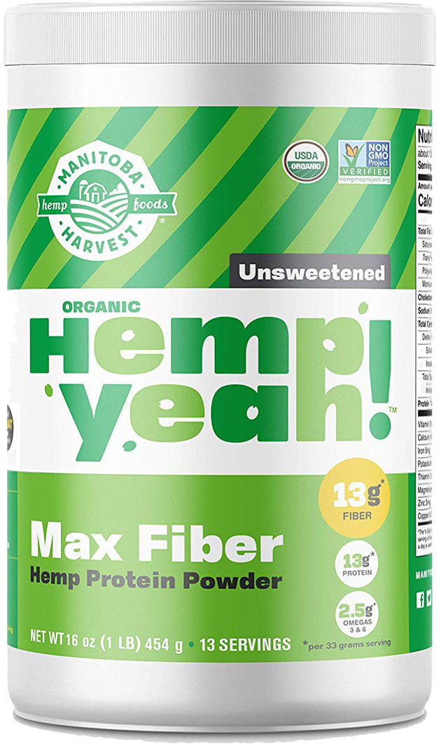 Unsweetened Organic Hemp Yeah! Max Fiber Hemp Protein Powder, 13 g of Protein, 16 Oz - 1 Lb (454 g) Powder , Brand_Manitoba Harvest Form_Powder Potency_13 g Size_16 Oz