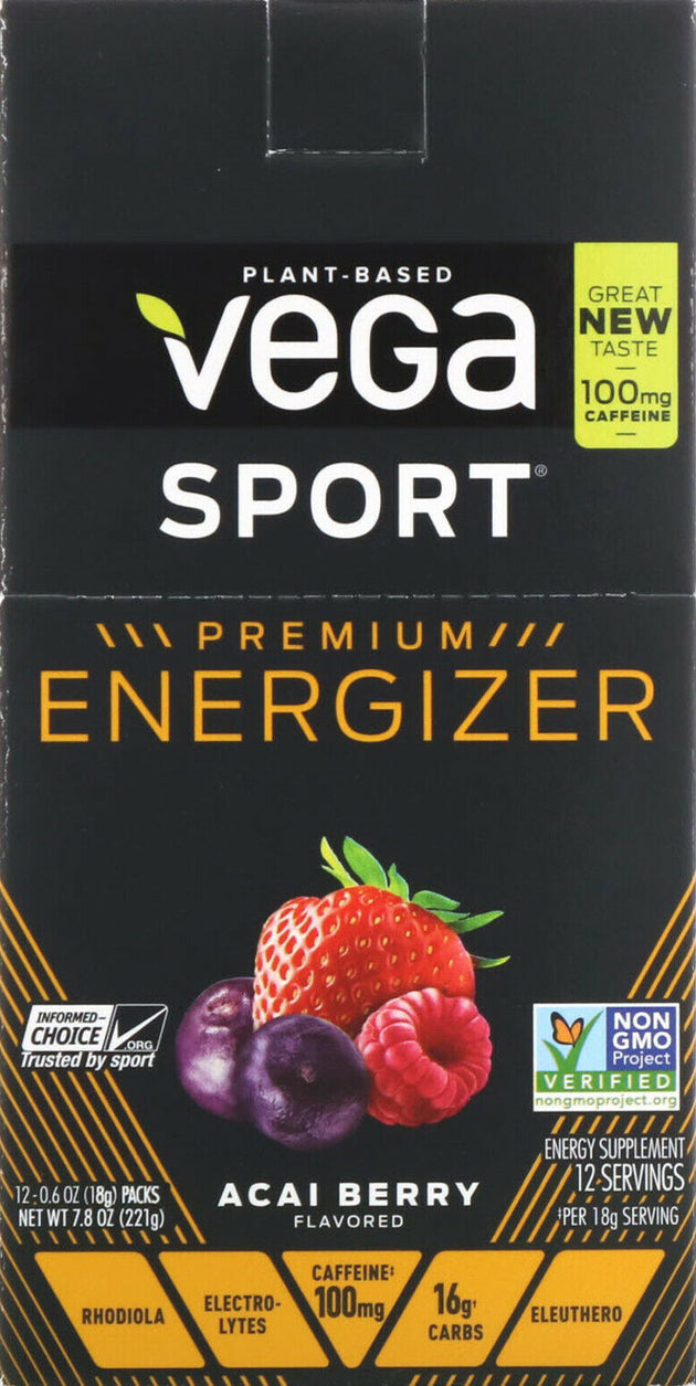 Vega Sport® Premium Energizer, Acai Berry Flavor, 12 Packets (18 g EA) , Brand_Vega Flavor_Acai Berry Form_Powder Potency_18 g Size_12 Count