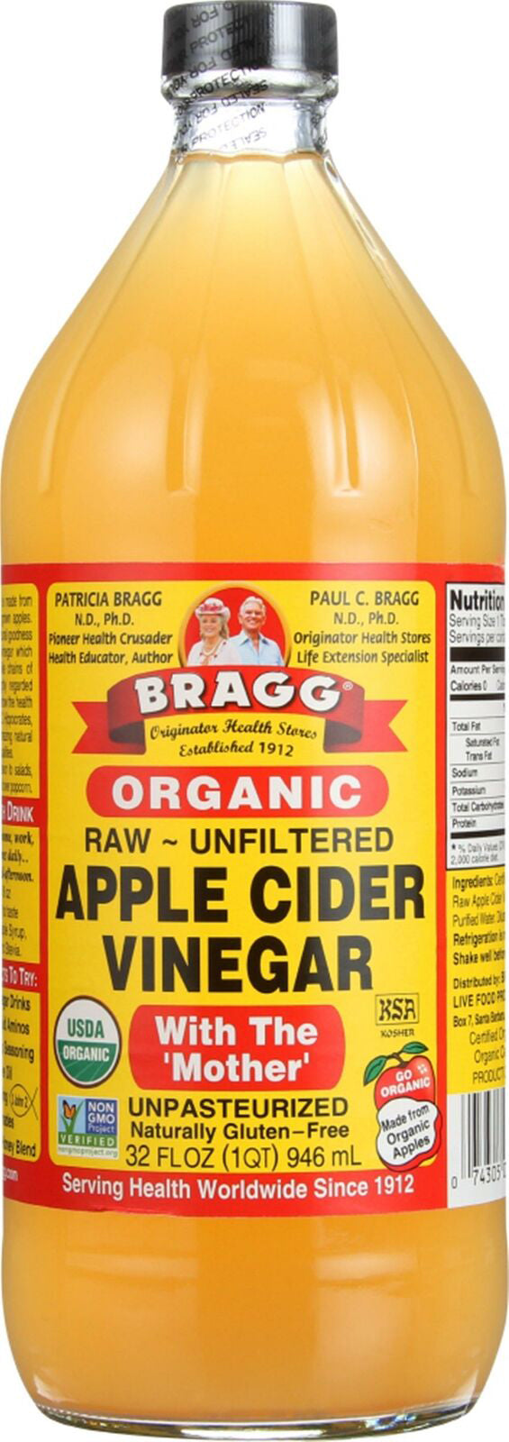 Raw ~ Unfiltered Apple Cider Vinegar with the 'Mother' - Unpasteurized, 32 Fl Oz (946 mL) Liquid , Brand_Bragg Flavor_Natural Form_Liquid Size_32 Oz